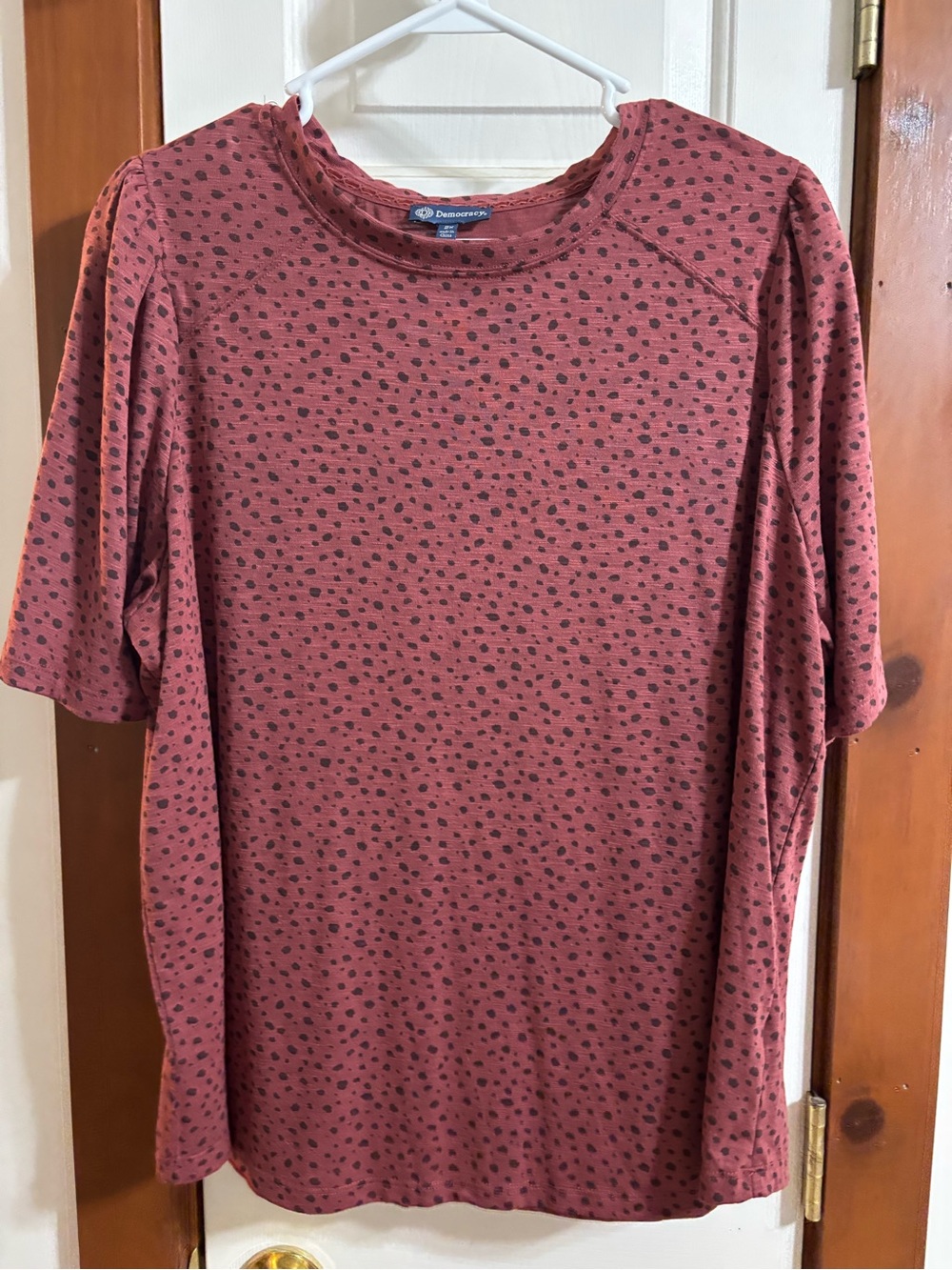 Democracy Rust Red Tee with Black Speckle Print